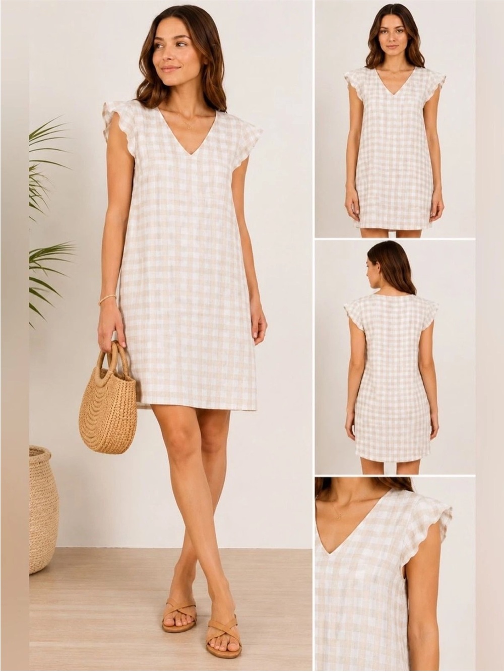 Cynthia Rowley Cream and white Gingham V-Neck Flutter Sleeve 100% linen Dress 11